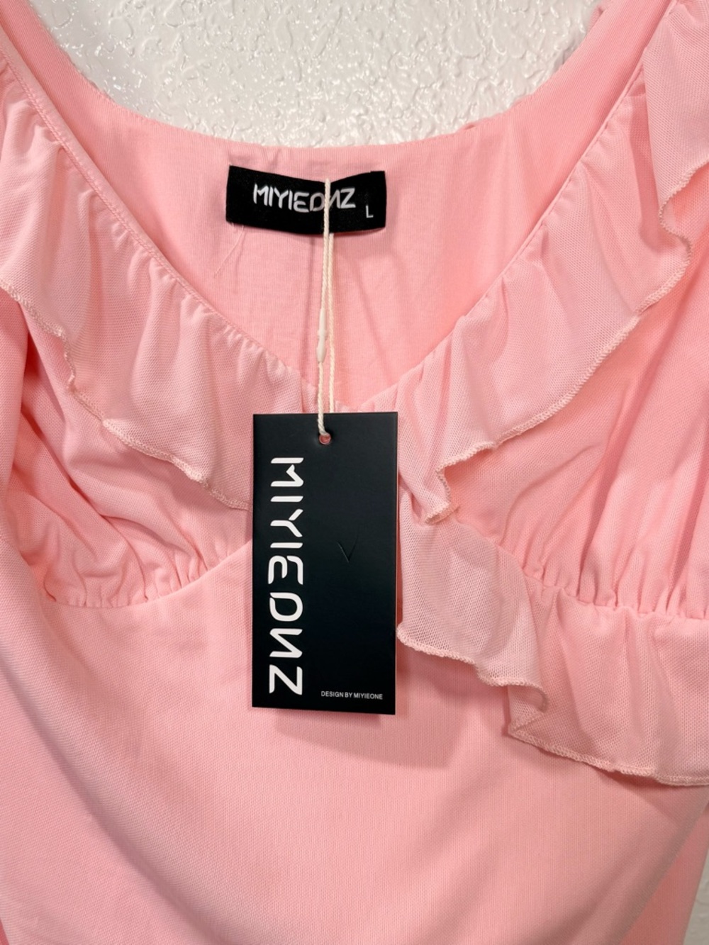 Pink Ruffle Mini Dress Sleeveless V Neck Flowy Fit Size L NWT - Picture 5 of 5